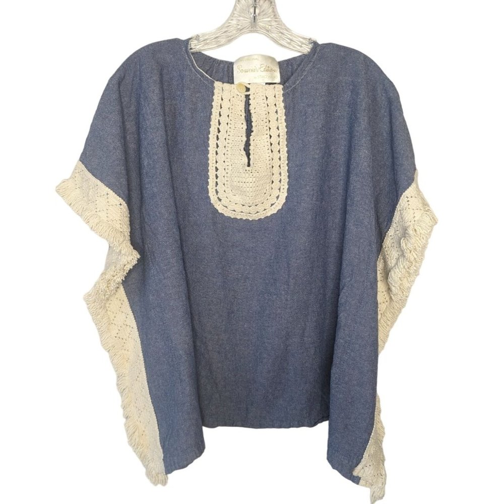 Original SOUVENIR EDITION by‎ STACI WOO blue ivory fringe Bohemian Cotton Top S
